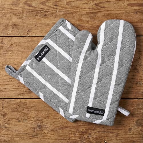 Oven Mitts and Pot Holders Set (Oven Glove + Pot Holder / Roma Grey Stripes)
