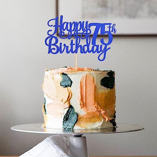 1 PCS Happy 75th Birthday Cake Topper Glitter Cheers to 75 Years Birthday Cake Pick Seventy Five 75 Fabulous Cake Decoration for Happy 75th Birthday Theme Party Decorations Supplies Blue (Blue / 75th)