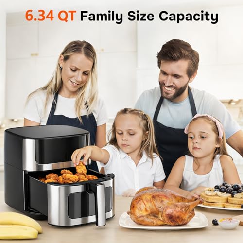 8-in-1 Air Fryer 6.34 Qt, Digital Preset Airfryer with Visible Window, Nonstick and Dishwasher-Safe Basket, Air Fry, Chicken, Pizza, Dehydrate, Fries, 90-Min Timer, 1700W, Black (Black-6.34Qt-B / 6.34 Qt)