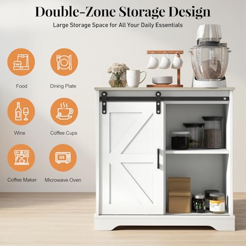Sliding Barn Door Buffet Sideboard Storage Cabinet Coffee Bar Kitchen Farmhouse Style (White Cabinet Nature Top)
