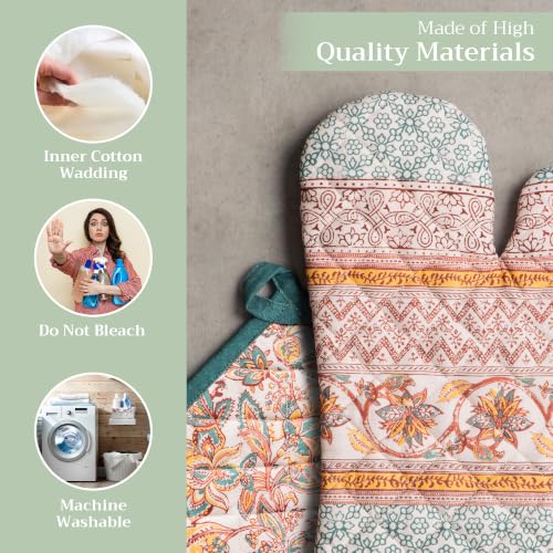 100% Cotton Oven Mitt & Pot Holder Set (047 - Nila / 7.5" x 13" & 8" x 8" (Oven Mitt & Pot Holder))