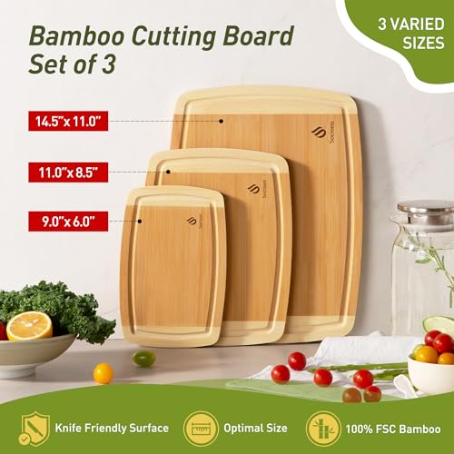 Bamboo Cutting Board Set Non Slip Feet Over Sink Tablas Para Picar Cocina Tabua Madeira Corte Carne Bambu Alimentos Cortar Madera Juego Regalos Cumpleaños Navidad Mujer Mama Abuela Hombre Papa (3-Piece / Two-Tone Bamboo)