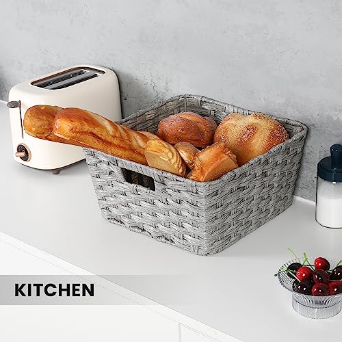 2 Pack Plastic Wicker Kitchen Storage Baskets (12" x 12" x 6" / Grey)