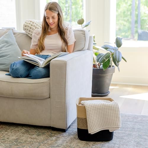 Storage Cubes 11 Inch Cotton Rope Woven Baskets for Organizing (3-Tone Black & Tan Brown)