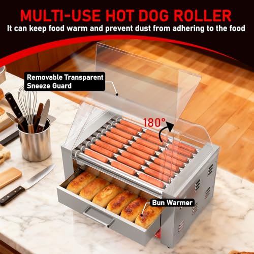 Hot Dog Roller 9 Rollers 24 Hot Dogs (9 Roller W/Cover &Bun Warmer)