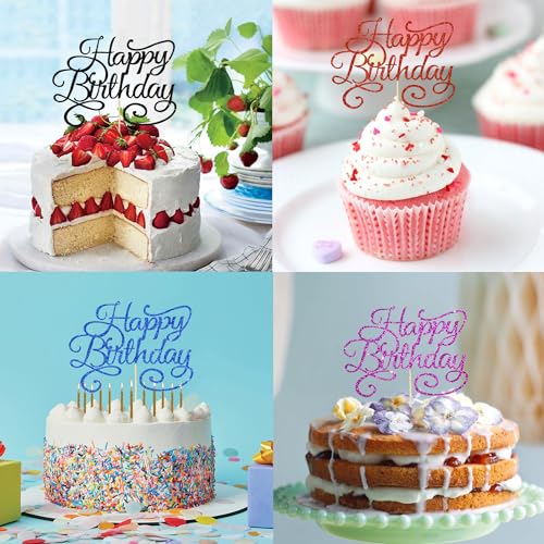 Happy Birthday Cake Topper Gold Glitter Happy Birthday Cake Bunting Decoration Birthday Party Cake Decoration Supplies (Gold-002)