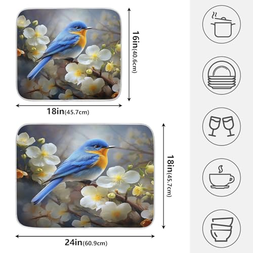 Spring Blue Yellow Flower Bluebird Butterflies Dish Drying Mat for Kitchen Counter Absorbent Microfiber Large Drying Pad Dish Mats for Kitchen Countertops 18 x 24 Inch (24" x 18")