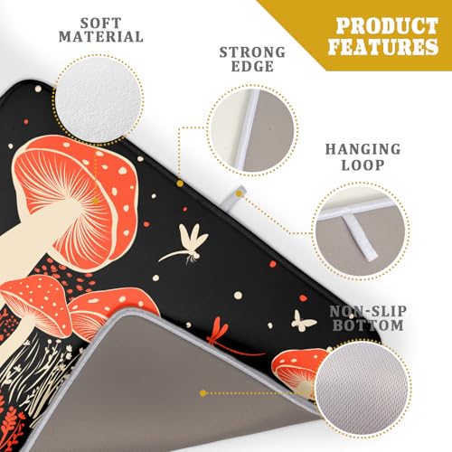 Red Mushroon Dish Drying Mat for Kitchen Counter Black Microfiber Absorbent Dish Pad 24 x 18 in (Red Mushroon 729 / 24" x 18")