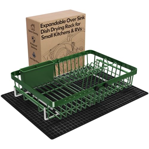 Green Expandable Dish Drying Rack Over Sink with Extra Drying Mat (Green / For 13"-30" W Sink with Mat)