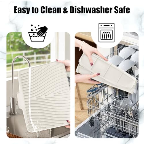 Silicone Dish Drying Mat for Kitchen Counter (Beige-2pcs / 20" x 15")