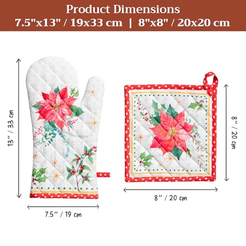100% Cotton Oven Mitt & Pot Holder Set (117 - Poinsettia Christmas / 7.5" x 13" & 8" x 8" (Oven Mitt & Pot Holder))