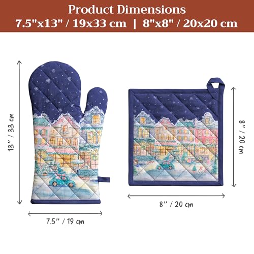100% Cotton Oven Mitt & Pot Holder Set (123 - Christmas Market - Blue / 7.5" x 13" & 8" x 8" (Oven Mitt & Pot Holder))