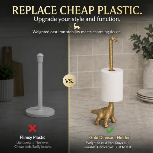 Gold Dino Paper Towel Holder & Metal Toilet Paper Holder Stand (Gold Dino)