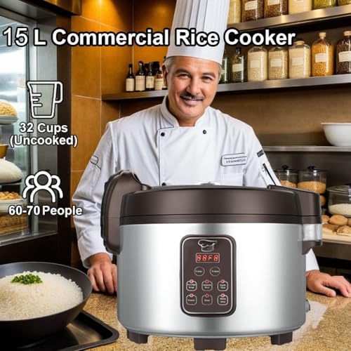 15L Commercial Rice Cooker & Warmer (Silver & Black / 84 Cups Cooked - Smart Rice Cooker & Warmer)