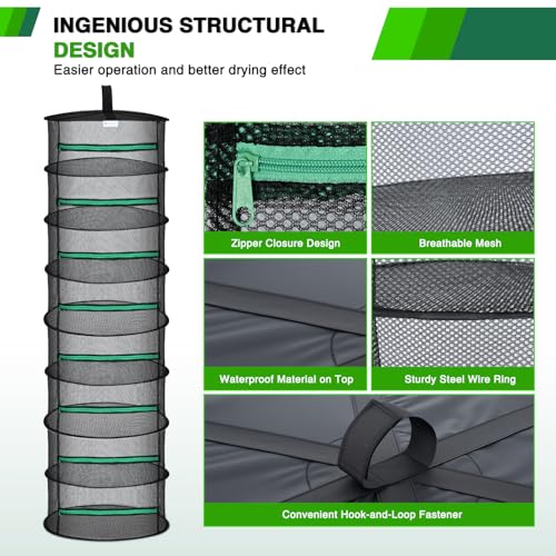 8 Layer Herb Drying Rack Hanging Mesh Net Foldable Plant Drying Racks 24" Diameter with Green Zipper & Hook Dryer Hanging Rack for Herbs Seed Bud Fruit Clothes Grow Tent Closets Garden Outdoor