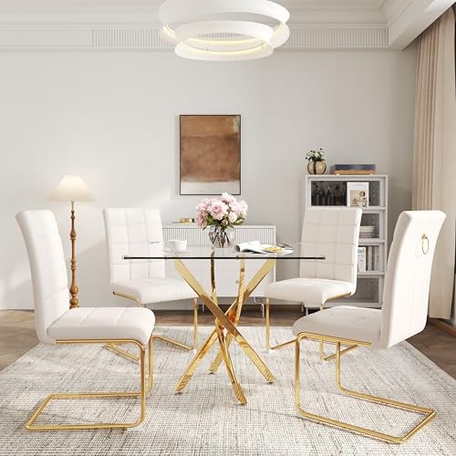 5 Piece Square Glass Dining Table Set (Square Table - 4 Gold White Chairs)