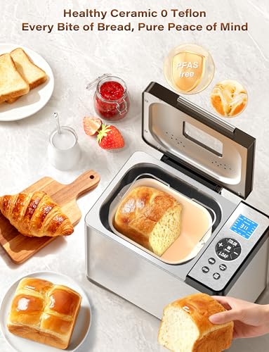 19-in-1 Programmable Bread Maker, 2.2LB Bread Machine with Healthy Ceramic Pan, Stainless Steel Bread Maker Machine with 15H Timer& 1H Keep Warm, Sourdough, Gluten Free, 3 Crust Colors, 53 Recipes (Solid Silver Stainless Steel)