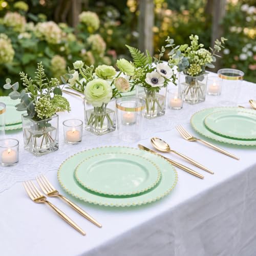 180Pcs Sage Green Plastic Plates for Wedding Party Supplies (Green and Gold Plastic Dinnerware Set / 180PCS)