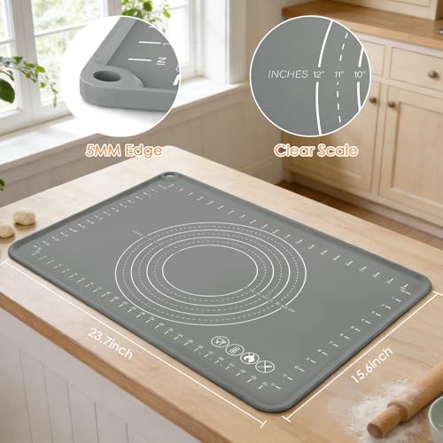 Silicone Pastry Mat 24" x 16" Baking Mat with Measurements and Edge Heightening (Dark Gray / 23.6"L x 15.7"W)