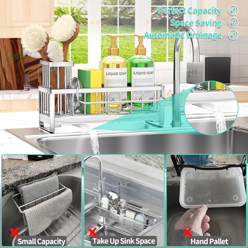 Sponge Holder for Kitchen Sink (Silver-Large / with Dishcloth Holder)
