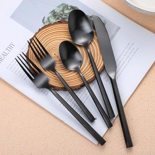 Matte Silverware Set Black Flatware Set with Hexagon Handle 20 Pieces 18 (Matte Black)
