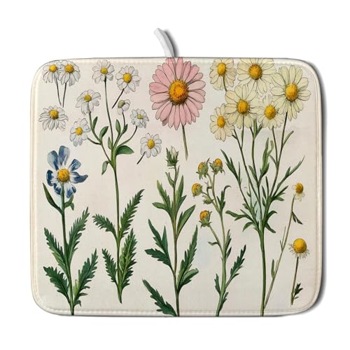 Vintage Wildflowers Dish Drying Pad Daisy Floral Microfiber Drainer Rack for Coffee Bar 16 X 18 Inch (Blossom Daisy 1104 / 18" x 16")