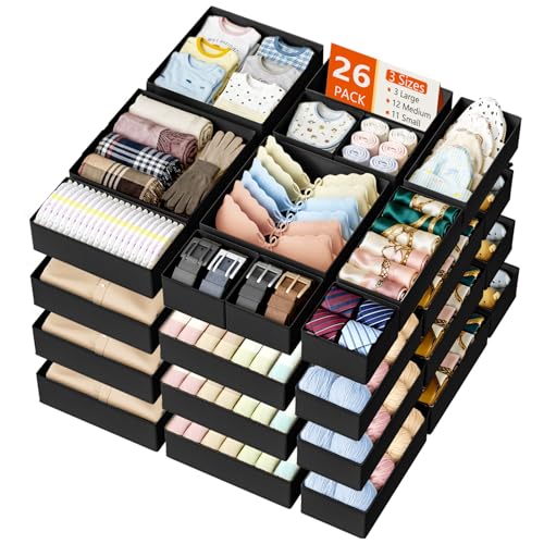 Drawer Organizer Clothes Storage (Black / 26 Pack)