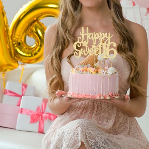 1Pc Happy Sweet 16 Cake Topper Gold Glitter 16th Birthday Cake Topper Sweet 16 Decorations 16th Birthday Decorations