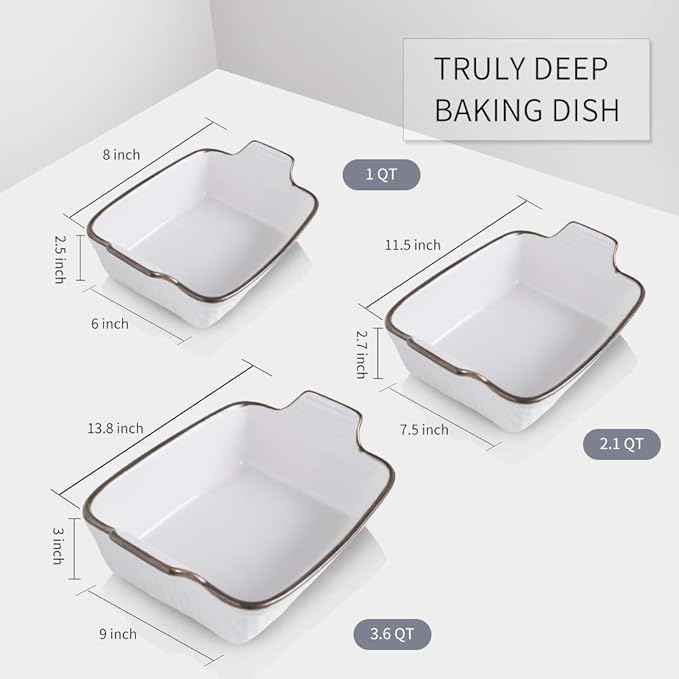 KOOV Bakeware Set, Ceramic Baking Dish Set, Rectangular Casserole Dish Set, Lasagna Pans for Cooking, Cake Dinner, Kitchen, 9 x 13 Inches, Texture Series 3-Piece (White)