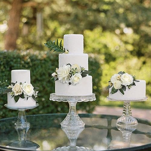 3Pcs Pre made Cake Flowers Toppers White Green Cake Decorations Wedding Cake Decorating Flowers Decor Birthday Baptism Party Cake Topper (3 Count)