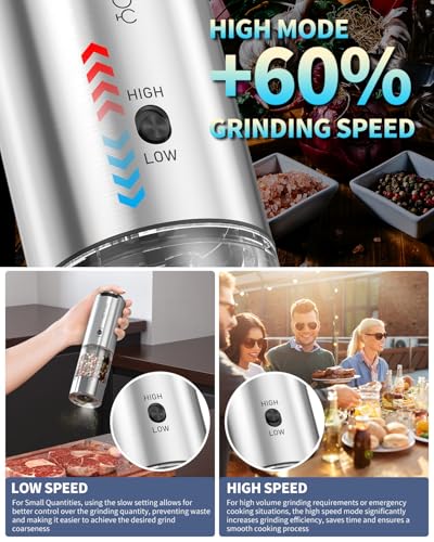 Electric Salt and Pepper Grinder Set Stainless Steel Rechargeable Salt and Pepper Grinder Set (2-Speed Rechargeable Set with Base)