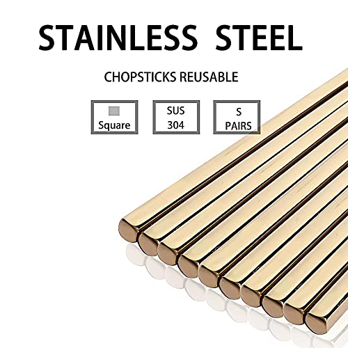 Metal Chopsticks Reusable Titanium Plated Stainless Steel Japanese Korean for Food & Cooking 9.5Inch Non (Gold)