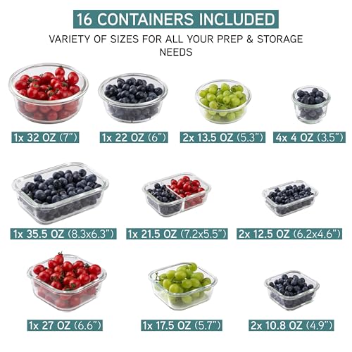 Premium 32 Pc. Borosilicate Glass Food Container Set with Dividers (Ombre Blue)