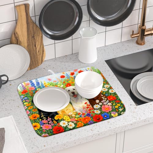Flower Dog Dish Drying Mat Spring Floral Microfiber Absorbent Dish Drying Pad for Kitchen Counter (Flower Dog Colorful / 18" x 16")