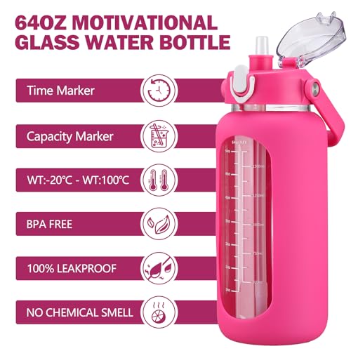 64oz Glass Water Bottles with Straw (Rose red / 64 Ounces)