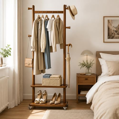 Coat Rack Freestanding Solid Wood Clothes Rack with Wheels