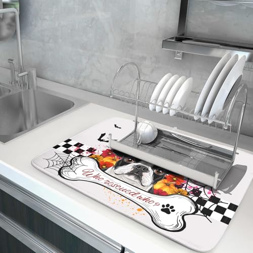 Dish Drying Mat for Kitchen Counter (Halloween Dog 623 / 24" x 18")