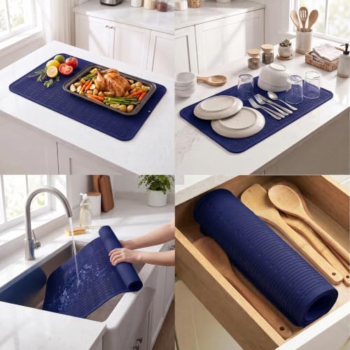 Silicone Dish Drying Mat for Multiple Usage (Navy Blue / 32"L x 18"W)