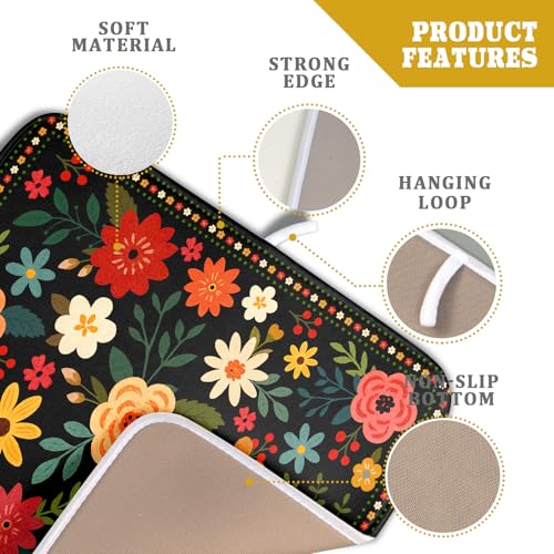 Boho Floral Dish Drying Mat 16x18 Inch Colorful Flower Dishes Dry Mats Absorbent Washable Drainer Rack Pad Protective Kitchen Counter Decor (Black Boho Floral / 16" x 16")