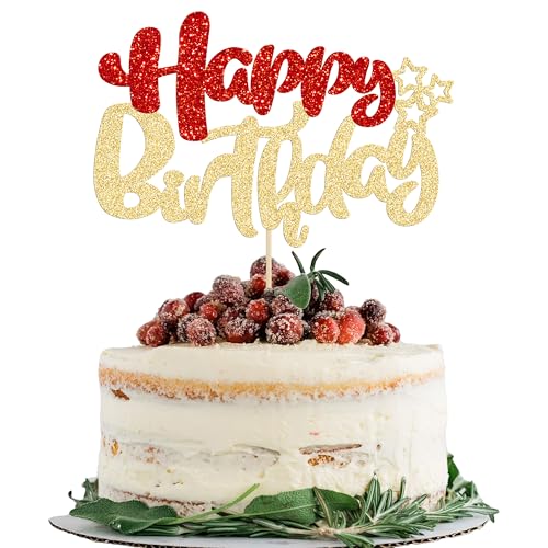 1Pcs Happy Birthday Cake Topper Glitter Happy Birthday Cake Pick for Christmas Theme Baby Shower Anniversary Party Decorations Supplies Red Gold (Style 2 / Red Gold)