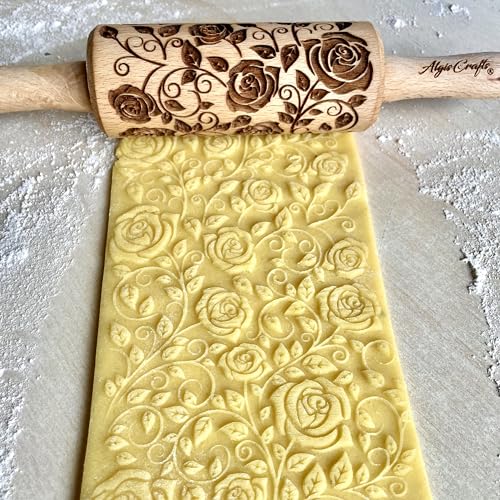 GARDEN BLOSSOMS 3 Small Size Embossed Rolling Pin Set. Wooden Laser Engraved Embossing Dough Roller for Embossed Cookies Gift for Birthday