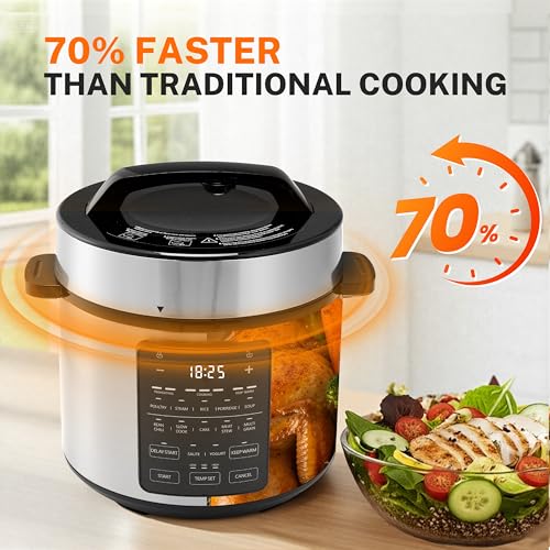 14-in-1 Electric Pressure Cooker - 6QT Stainless Steel Slow & Rice Cooker, Steamer, Sauté, Yogurt Maker, Multi-Cooker with Dishwasher-Safe & Non-Stick (Stainless Steel/Black 6Qt / 6 Quarts)