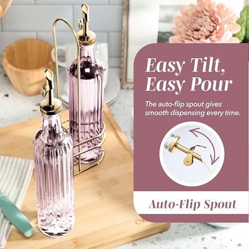 Glass Olive Oil Bottle Dispenser (Elegant Fluted / Pink)
