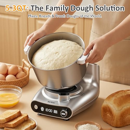 4-in-1 Multifunctional Stand Mixer, Electric Dough Mixer with 5.3 Quart Stainless Steel Bowl, Electric Stand Mixer for Baking & Home Cooking, with Meat Grinder, Juice Blender & Salad Maker (Silver)