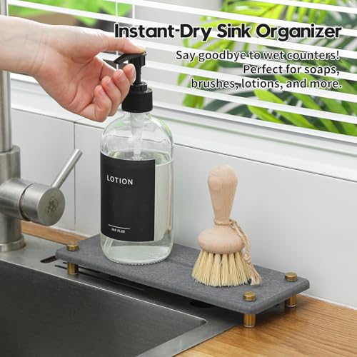 Kitchen Sink Caddy Water Absorbing Stone Drying Tray (10"x 4" - Dark Gray - Gold)
