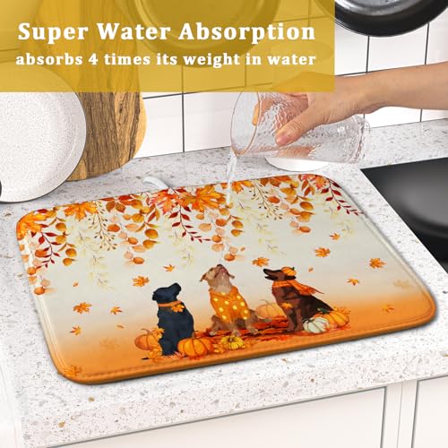 Fall Dogs Dish Drying Mat Autumn Leaves Reusable Dishes Pad 16"x18" Holiday Microfiber Quick Dry Dish Drainer Rack Mat for Kitchen Counter (Fall Dogs / 16x18 inch)