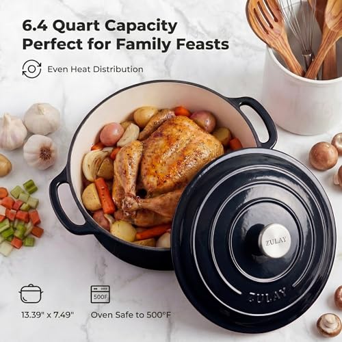 6.4 Quart Enameled Cast Iron Dutch Oven Pot with Lid (Black / 6.4 Quart)