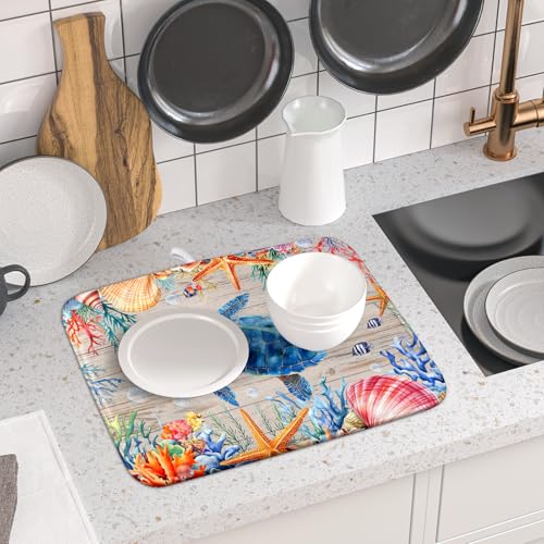 Sea Turtle Dish Drying Mat 16x18 inch Tropical Ocean Fast Dry Absorbent Microfiber Dishes Drainer Rack Pad for Countertop Bar Table Decor (Marine Turtle / 16" x 16")
