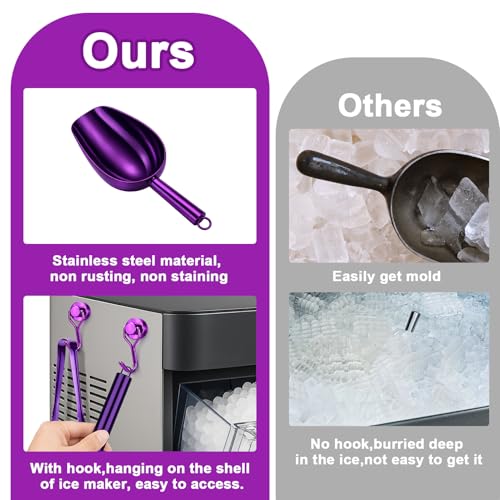 Stainless Steel Ice Scoop for Freezer with Magnetic Hook & Ice Tongs (6oz / Purplr)