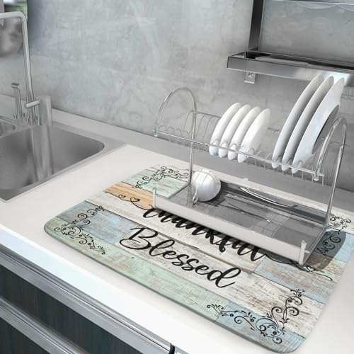 Rustic Wood Dish Drying Mat 18x24 Inch Grateful Thankful Blessed Kitchen Drainer Mats Absorbent Microfiber Rack Holder Countertop Pad (grateful thankful / 18" x 24")